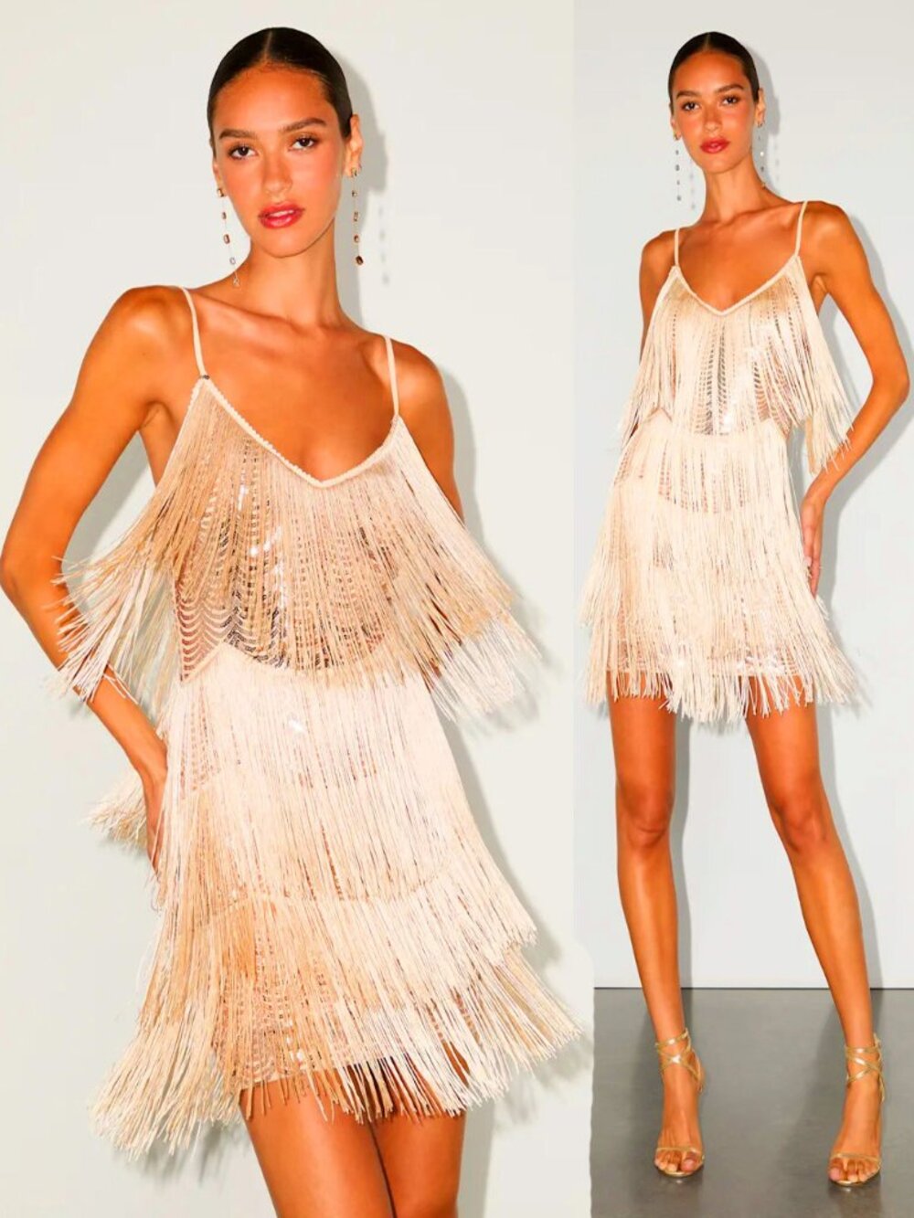 💥GORGEOUS!💥Roaring 20s Vibe Sequin Fringe Flapper Dress in Get in Champagne